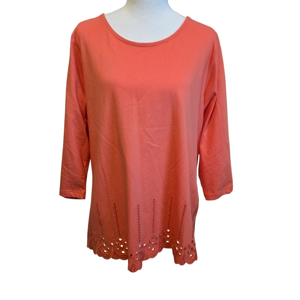 CJ Banks Womens Coral 3/4 Sleeve Embroidered Hem Top Plus Size XL